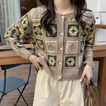 Вязаные крючком топы в стиле ретро в этническом стиле, женские вязаные свитера с цветочной вышивкой, кардиганы, женские 2023, весенне-осеннее вязаное пальто в стиле бохо One Size абрикосовый