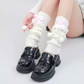 Вязаные манжеты на сапоги в стиле Лолиты с бантом, плюшевые шарики, гетры Y2K, чулочно-носочные изделия, зимние чулки-трубы в стиле Лолиты чёрный