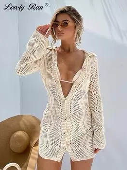 Вязаные мини-платья с вырезами, женское однобортное женское платье с тонкими лацканами и длинными рукавами, повседневное пляжное женское платье, Vestidos S абрикосовый