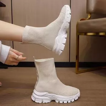 Вязаные носки, ботинки, женские модные ботинки, спортивная обувь на платформе, челси, повседневная обувь без застежек, женская обувь 2024 года, новинка, женские мокасины, кроссовки 35 светло-серый