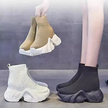 Вязаные носки, сапоги для женщин, осень 2024 г., новые толстые подошвы со стразами, летающие вязаные туфли, повседневные сапоги с внутренней эластичной резинкой 34 белый