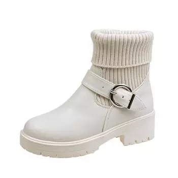 Вязаные носки, сапоги для женщин, шерстяные, эластичные, дизайнерские, короткие сапоги, модная женская повседневная обувь, кожаные женские сапоги на платформе 35