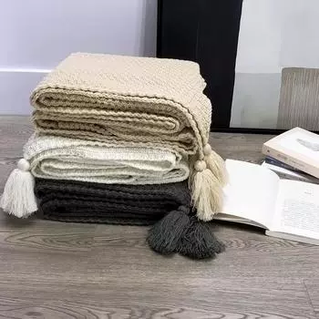 Вязаные одеяла Плед с кисточками Мягкий Богемский для кровати Диван Чехол Покрывало Декор Одеяла 70x100cm бежевый