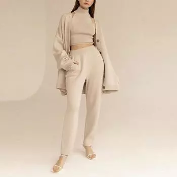 Вязаные однотонные женские комплекты кардиганов, водолазки, пуловеры без рукавов и свободные брюки, костюм 2021, зимний элегантный женский комплект из 3 предметов One Size хаки