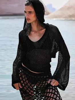 Вязаные открытые женские толстовки с длинным рукавом, повседневные свободные женские блузки с v-образным вырезом и шнуровкой, летние сексуальные перспективные пляжные топы S зелёный