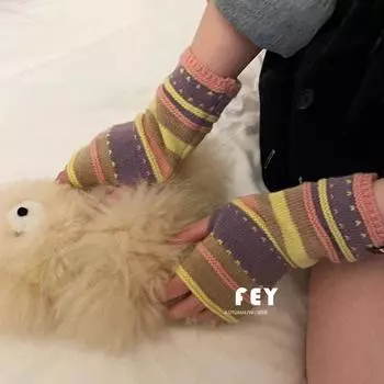 Вязаные перчатки с радужными полосками, женские варежки, симпатичные зимние бархатные перчатки для женщин жёлтый