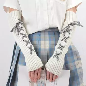 Вязаные перчатки Y2K Bow, балетный стиль, нарукавники с половиной пальцев, модные длинные перчатки Y2k для женщин синий/белый