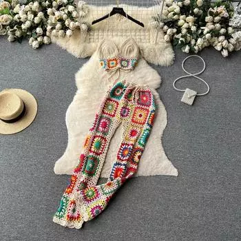 Вязаные пляжные костюмы из двух предметов, женские мини-майки на бретелях + длинные брюки с эластичной резинкой на талии, уличная одежда, повседневные комплекты с вырезами One Size абрикосовый