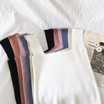 Вязаные подтяжки, шелковый жилет, женский летний внутренний черно-белый верх, рубашка, тонкий топ с квадратным воротником миндальный