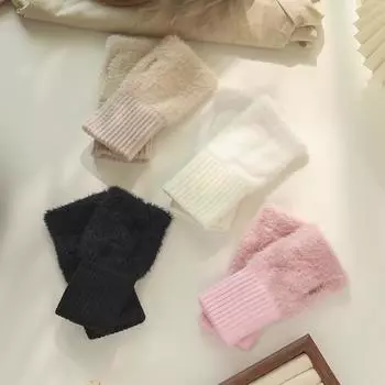 Вязаные полупальцевые перчатки для женщин, милые зимние полупальцевые перчатки без пальцев для студентов, теплые плюшевые перчатки для письма