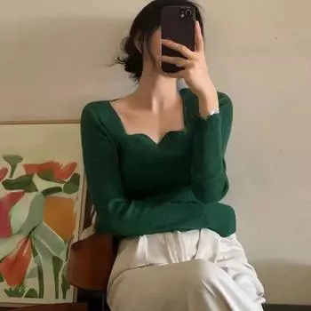 Вязаные пуловеры, женские винтажные однотонные свитера, осень-зима, корейский элегантный тонкий трикотаж, универсальные джемперы с квадратным воротником, новинка S зелёный