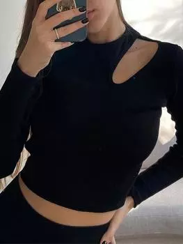 Вязаные ребристые женские укороченные футболки с круглым вырезом, эластичные тонкие топы с длинными рукавами и вырезами, женский уличный топ S чёрный