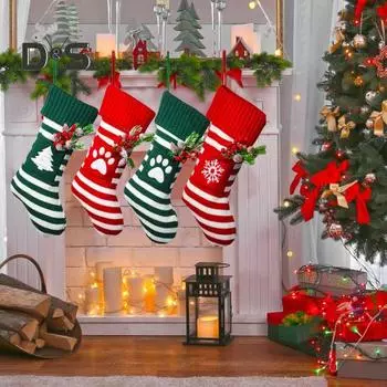 Вязаные рождественские чулки Белые полоски Подвесные чулки Праздничный декор Подарочный мешок для рождественских елок Каминных полок Окна D