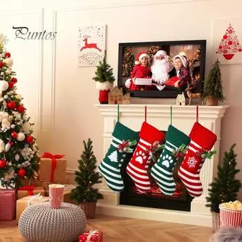 Вязаные рождественские чулки Белые полоски Подвесные чулки Праздничный декор Подарочный мешок для рождественских елок Каминных полок Окна A