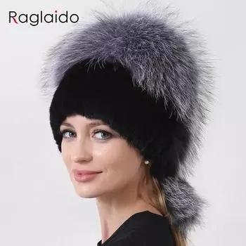 Вязаные русские зимние женские шапки из натурального меха лисьи норки, флисовая шапка с шариками One Size чёрный