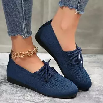 Вязаные сетчатые туфли на плоской подошве, женские весенние плетеные дышащие туфли, модные туфли на шнуровке, удобные, с мягкой подошвой, женские туфли на плоской подошве 36 синий