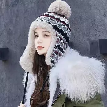 Вязаные шапки-бомбардировщики, шапки-шары, мужские шапки из искусственного меха Snow Peak большого размера, зимние шапки, аксессуары Y2k, лыжная маска, шапка с ушами