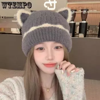 Вязаные шапки с милыми кошачьими ушками Kpop Lisa Stray Kids, двухслойные теплые шерстяные шапки с капюшоном для женщин и мужчин, аксессуары для уличной одежды one size бежевый