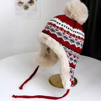 Вязаные шапки, шапка-бомбер, женская шапка Snow Peak большого размера из искусственного меха, зимняя теплая шапка, аксессуары Y2k, лыжная маска, шапка с ушами One size красный