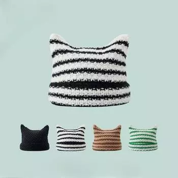 Вязаные шапки Женские осенне-зимние японские милые Кошачьи ушки Пропаренные полосатые шерстяные шапки в форме кошачьих ушей Парные универсальные шапки-свитера one size