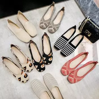 Вязаные шапочки с мягкой подошвой, тканые туфли, женские весенние туфли на плоской подошве, новые дышащие одиночные туфли с неглубоким горлышком 35