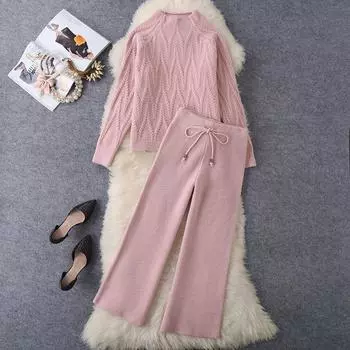 Вязаные шерстяные брюки-широки, двухкомпонентная блузка, брюки, женские one size хаки