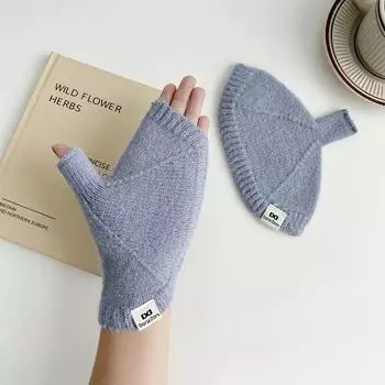 Вязаные шерстяные перчатки без пальцев однотонные универсальные осенне-зимние толстые теплые с открытыми пальцами сенсорные студенческие рукава защита запястий 1 pair светло-синий