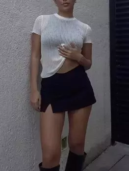 Вязаные шерстяные прозрачные женские топы в белую полоску, наряды с круглым вырезом, элегантные футболки с короткими рукавами, футболки, обтягивающие клубные уличные футболки Y2k S белый
