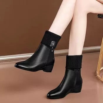 Вязаные шерстяные сапоги для мам с ртом, женские короткие сапоги на танкетке, осенне-зимние сапоги со средним каблуком и круглым носком, плюшевые тонкие сапоги 34 чёрный