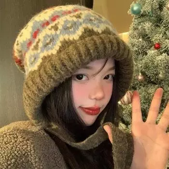 Вязаные шерстяные шапки-бини в стиле ретро с клетчатым ремешком для женщин, осенние и зимние, для путешествий, сохранения тепла, для отдыха на природе, повседневные, универсальные корейские шапки чёрный