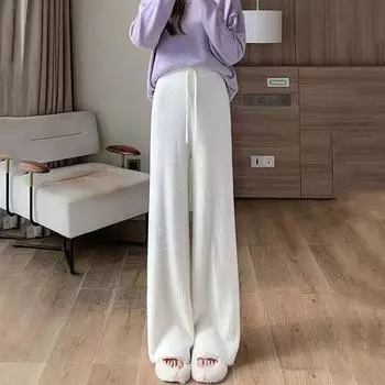 Вязаные широкие брюки для женщин на осень и зиму, свободные пушистые повседневные брюки с высокой талией из норковой шерсти, женские топы one size белый