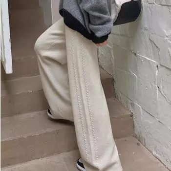 Вязаные широкие брюки для женщин осенью и зимой эластичные повседневные шерстяные бабушкины брюки свободные и тонкие брюки длиной до пола белый
