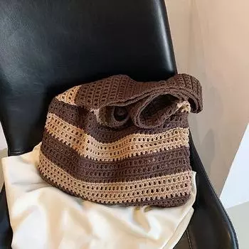 Вязаные сумки через плечо для женщин, ажурная плетеная сумка для вязания крючком, сумки большой емкости для покупок 36x2x35cm чёрный/белый