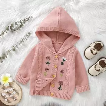 Вязаные свитера для маленьких девочек, кардиганы, розовые куртки с длинными рукавами и капюшоном для новорожденных, куртки с цветочным узором для малышей, осенне-зимние пальто для малышей