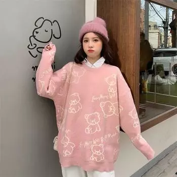 Вязаные свитера с изображением медведя из мультфильма, женские вязаные свитера с круглым вырезом, большие размеры, женский корейский модный кавайный зимний теплый пуловер S розовый