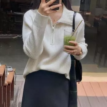 Вязаные свитера женские осень зима новые утолщенные теплые джемперы на молнии женские повседневные простые однотонные ребристые пуловеры One Size белый