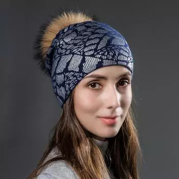 Вязаные теплые двухслойные шерстяные шапки с серебристым принтом, женские осенне-зимние шапки с помпонами из натурального меха, модные шапки