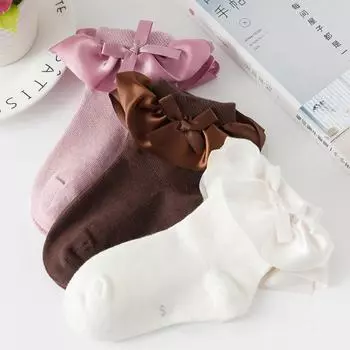 Вязаные теплые носки для девочек, атласные кружевные носки с бантом, детские носки, хлопковые мягкие носки принцессы для девочек розовый