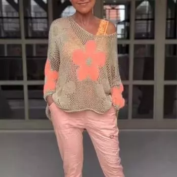 Вязаные топы с длинным рукавом и V-образным вырезом, женские легкие трикотажные пуловеры с цветочным принтом, ажурный дизайн, пляжные накидки S