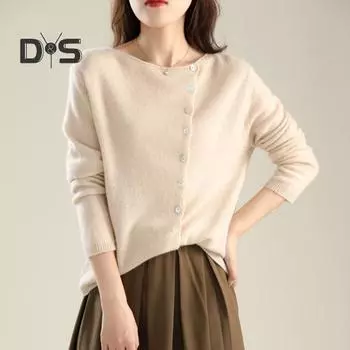 Вязаные топы женские с длинным рукавом и круглым вырезом повседневные топы в домашнем стиле однотонные однобортные облегающие эластичные футболки повседневная одежда M бежевый