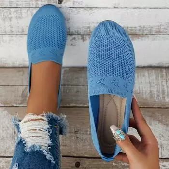 Вязаные туфли с круглым носком, женские однотонные сетчатые туфли без застежек, дышащая повседневная обувь 36 небесно-голубой