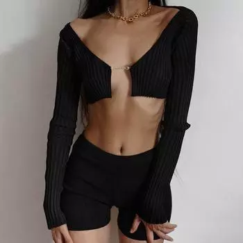 Вязаные укороченные свитера, женские кардиганы с цепочкой и V-образным вырезом, длинными рукавами, топы, пуловеры, одежда больших размеров, однотонная SL L чёрный