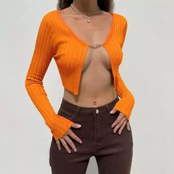 Вязаные укороченные свитера, женские кардиганы с цепочкой и V-образным вырезом, длинными рукавами, топы, пуловеры, одежда больших размеров, однотонная SL S оранжевый