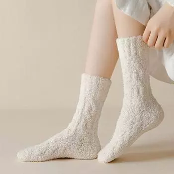 Вязаные утолщенные домашние однотонные носки-тапочки женские носки средней длины носки кораллового бархата белый