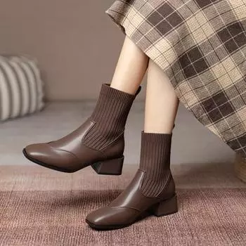 Вязаные узкие ботинки Martin женские осенне-зимние новые французские ретро квадратные ботинки на толстом каблуке средней высоты женские модные короткие ботинки 35