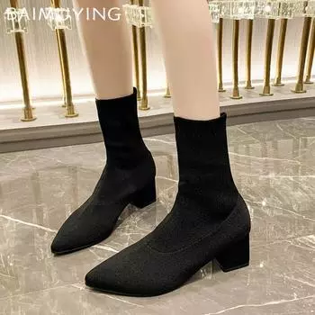 Вязаные женские ботильоны с острым носком, сексуальные туфли на среднем каблуке 2025 года, дизайнерские туфли на толстом каблуке в готическом стиле, зимние ботинки для женщин 35