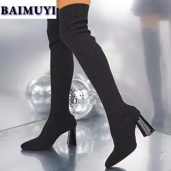 Вязаные женские сапоги-носки выше колена с острым носком на высоком каблуке 2025 года, сексуальные массивные дизайнерские сапоги-лодочки Chelsea Snow 35 чёрный