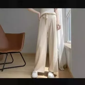 Вязаные женские широкие брюки осень-зима удлиненные с высокой талией на шнурке прямые узкие брюки для уборки 2XL белый