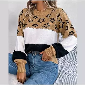 Вязаные женские свитера осень и зима повседневные цветные блоки звезда пэчворк полые рукава-фонарики пуловер S хаки