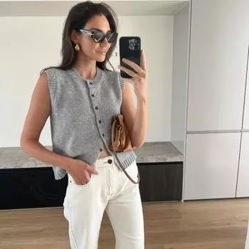 Вязаные жилеты, топы для женщин, повседневные, однобортные, трикотажные, кардиган, майка, свитер, женский, однотонный, без рукавов, мода 2024 года S абрикосовый